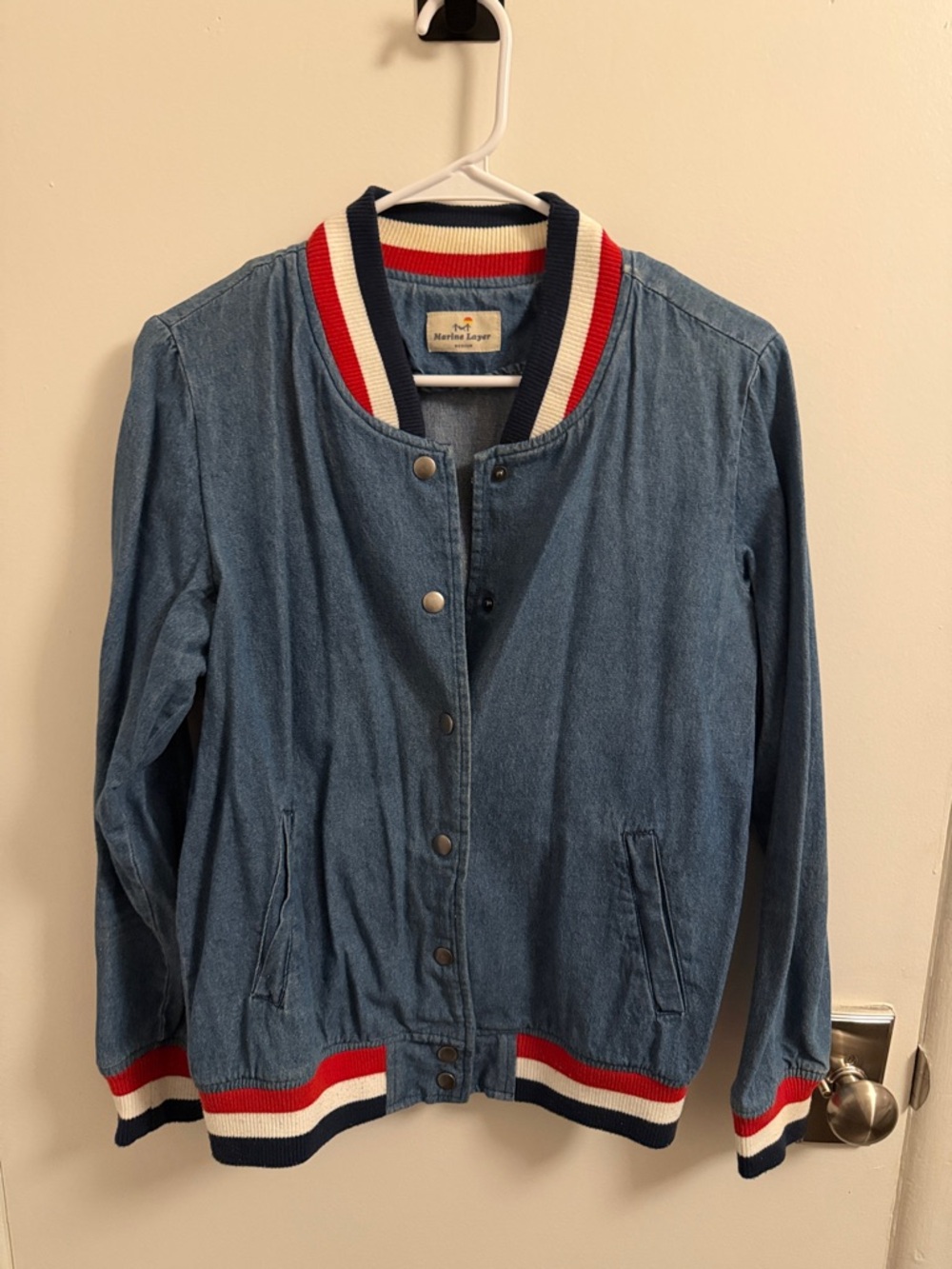 Marine Layer Blue Denim Varsity Jacket with Red & Navy Trim